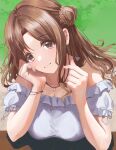  1girl absurdres blush breast_rest breasts brown_hair cleavage finger_heart frilled_shirt_collar frills hair_bun hand_on_own_cheek hand_on_own_face head_rest head_tilt highres ichikawa_hinana idolmaster idolmaster_shiny_colors jewelry large_breasts light_smile looking_at_viewer necklace off-shoulder_shirt off_shoulder parted_bangs shirt simple_background single_side_bun solo upper_body ushimo_(dztu8434) wavy_hair white_shirt 