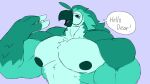  absurd_res anthro avian big_muscles blue_eyes dialogue feathers green_body green_feathers green_nipples hair hi_res huge_muscles huge_pecs long_hair male multicolored_body multicolored_feathers muscular muscular_anthro muscular_arms muscular_male nintendo nipples parttimeyeen_(artist) rito solo the_legend_of_zelda 