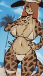  2023 anthro big_breasts bikini breasts brown_hair cheetah cleavage clothed clothing day felid feline female fur hair hair_over_eye hat headgear headwear hi_res highlights_(coloring) legband long_hair mammal midriff navel one_eye_obstructed palm_tree plant red_eyes sand sea seaside signature smile snaggle_tooth solo spikedmauler spots spotted_body spotted_fur sun_hat swimwear tan_body tan_fur tree vanessa_(velocitycat) water 