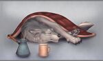  bedding beverage black_claws black_nose black_pawpads blanket canid canine canis claws coffee feral grey_background grey_inner_ear_fluff inner_ear_fluff lying male mammal mug pawpads shadarrius simple_background sleeping solo tail tuft wolf 