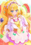  1girl absurdres arm_behind_back blonde_hair blue_eyes blueberry blunt_bangs blurry blurry_foreground blush bridal_gauntlets brooch candy_hair_ornament choker closed_mouth clothing_cutout cowboy_shot cure_finale delicious_party_precure depth_of_field dress food food-themed_hair_ornament fruit gloves hair_ornament heart heart_brooch highres jewelry long_hair looking_at_viewer magical_girl precure shoulder_cutout smile solo sparkle standing strawberry sugimura_mickey tiara white_dress white_gloves 