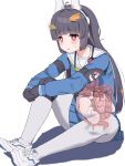  1girl animal_ears big_belly binoculars black_hair blue_archive blue_shirt blue_skirt blunt_bangs cross-section fake_animal_ears fetus highres hime_cut intestines leaf leaf_on_head long_hair miyu_(blue_archive) pantyhose pokaan_(aserazu_netamazu) pregnant school_uniform serafuku shirt simple_background skirt straight_hair umbilical_cord uterus white_background white_pantyhose x-ray 