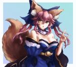  1girl animal_ear_fluff animal_ears bare_shoulders blue_background blue_bow blue_dress blue_sleeves bow breasts cleavage commentary_request cowboy_shot detached_sleeves dress fate/extra fate_(series) fox_ears fox_girl fox_shadow_puppet fox_tail hair_bow large_bow large_breasts long_hair looking_at_viewer mogukk obi open_mouth pink_hair quad_tails sash sidelocks solo strapless strapless_dress tail tamamo_(fate) tamamo_no_mae_(fate/extra) white_background wide_sleeves yellow_eyes 