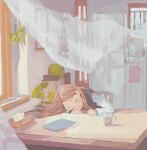  1girl bag black_vest brown_hair chair closed_eyes closed_mouth cup curtains day highres indoors long_hair long_sleeves mug original plant refrigerator saisho_(qpoujr) shirt sitting sleeping sleeping_on_desk solo spatula table tissue_box vest white_curtains white_shirt wind windowsill 