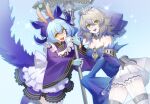  2girls absurdres bare_shoulders blue_dress blue_hair dragon_horns dress duel_monster grey_hair highres holding holding_staff horns laundry_dragonmaid long_sleeves maid multiple_girls open_mouth short_hair sleeves_past_wrists sparkle staff tearlaments_merrli teeth thighhighs tiara upper_body upper_teeth_only veil yellow_eyes yu-gi-oh! yutou_yutou_yu 
