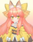  1girl absurdres animal_ear_fluff animal_ears bare_shoulders blush bow commentary_request fate/samurai_remnant fate_(series) fox_ears gradient_background hair_bow highres japanese_clothes kimono long_hair long_sleeves looking_at_viewer pink_hair short_eyebrows smile solo tamamo_aria tsugumokei upper_body yellow_eyes yellow_kimono 