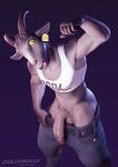  2022 3d_(artwork) absurd_res anthro bottomwear bottomwear_down bovid bovid_horn caprine caprine_horn clothed clothing crop_top crossgender digital_media_(artwork) dollymolly323 epic_games flexing fortnite genitals goat goat_horn goat_simulator hi_res high-angle_view horn long_penis looking_at_viewer male mammal muscular muscular_male pants pants_down partially_clothed penis pilgor_(goat_simulator) pose pupils shirt simple_background slit_pupils solo standing tongue tongue_out topwear 
