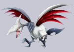  absurdres beak bird bird_wings colored_sclera eggman_(pixiv28975023) flying grey_background highres metal monster no_humans open_mouth pokemon pokemon_(creature) pokemon_(game) pokemon_gsc sharp_teeth simple_background skarmory talons teeth tongue wings yellow_sclera 