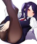  1girl absurdres ass bartender black_skirt black_vest blush breasts brown_pantyhose closed_mouth cocktail_shaker commentary_request feet_out_of_frame highres jill_stingray large_breasts legs legs_up long_hair long_sleeves looking_at_viewer necktie panties panties_under_pantyhose pantyhose purple_hair red_eyes red_necktie shadow shirt sidelocks simple_background sitting skirt smile solo swept_bangs twintails underwear va-11_hall-a vest wavy_mouth white_background white_panties white_shirt yanagui 