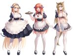  3girls :d absurdres alternate_costume animal_ears apron aqua_eyes arknights bagpipe_(arknights) black_choker black_dress black_footwear black_hairband black_skirt blonde_hair blue_eyes blue_hairband blush braid breasts choker cleavage commentary crop_top cup daisy_cutter dress enmaided frilled_apron frills full_body gloves hairband hand_up highres holding holding_tray horn_(arknights) horns large_breasts long_hair looking_at_viewer maid mary_janes midriff miniskirt multiple_girls navel open_mouth orange_hair pantyhose puffy_short_sleeves puffy_sleeves purple_eyes saileach_(arknights) shoes short_sleeves simple_background single_braid skirt skirt_hold smile standing stomach teacup thighhighs tray very_long_hair waist_apron white_apron white_background white_gloves white_pantyhose white_thighhighs wolf_ears wrist_cuffs zettai_ryouiki 
