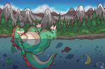  2023 3_toes anthro artist_logo biped bubble claws detailed_background dragon feet fish frill_(anatomy) green_body grey_body hi_res iamameatballl lake light_body logo male marine markings membrane_(anatomy) membranous_frill monster mountain neck_frill nude obese obese_anthro obese_male overweight overweight_anthro overweight_male partially_submerged plant red_body red_markings red_spots signature silhouette sky solo spots spotted_body tail tail_frill thick_thighs toe_claws toes tree underbite yellow_body yellow_sclera 