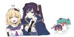  4girls :d ^_^ angry aqua_hair arm_up arms_at_sides assault_lily black_gloves black_necktie black_ribbon blonde_hair blue_cloak blue_sailor_collar blue_shirt blush breasts chibi chibi_inset cloak closed_eyes closed_mouth collared_shirt commentary_request cropped_torso danji_(danji_bang) detached_sleeves fingerless_gloves gloves hair_between_eyes hair_ribbon hand_on_another&#039;s_head headpat hishida_haru imamura_yukari_(assault_lily) jealous kawanabe_nazuna korean_commentary korean_text long_hair looking_at_another medium_breasts motion_lines multiple_girls neckerchief necktie odaiba_girls_high_school_uniform open_mouth purple_hair purple_neckerchief red_eyes ribbon sailor_collar school_uniform serafuku shirt short_hair side_ponytail simple_background sketch smile solid_eyes suzuki_chinami translation_request twintails two-tone_shirt upper_body v-shaped_eyebrows white_background white_shirt yellow_eyes yellow_ribbon 