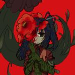  1girl armband black_eyes blood blood_on_face blue_hair closed_mouth collared_shirt commentary_request dark_blue_hair e.g.o_(project_moon) employee_(lobotomy_corporation) empty_eyes flower gloves green_gloves hand_on_own_cheek hand_on_own_face hoshizuki_sakusa jacket layered_sleeves lobotomy_corporation long_hair long_sleeves lowres one_side_up open_clothes open_jacket porccubus project_moon red_background red_flower red_jacket red_shirt red_vest shirt short_over_long_sleeves short_sleeves upper_body vest 