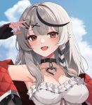 1girl breasts camisole cleavage frilled_camisole frills grey_hair heart_pendant hololive ku_qiao_kujo long_hair looking_at_viewer multicolored_hair off-shoulder_jacket off_shoulder red_eyes red_nails sakamata_chloe solo streaked_hair upper_body virtual_youtuber white_camisole 