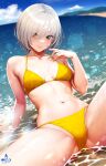  1girl artist_logo bare_shoulders beach bikini blurry blurry_background breasts cameltoe closed_mouth cloud collarbone day eyes_visible_through_hair grey_eyes grey_hair hair_over_one_eye halterneck highres infinote lips looking_at_viewer medium_breasts navel original outdoors sashou_mihiro short_hair signature sky smile solo spread_legs swimsuit water wet yellow_bikini 