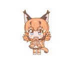  1girl animal_ears blue_eyes bow bowtie caracal_(kemono_friends) cat_ears cat_girl cat_tail ef63_11 elbow_gloves extra_ears full_body gloves kemono_friends kemono_friends_pavilion kemono_friends_v_project kneehighs long_hair looking_at_viewer microphone orange_hair shirt shoes simple_background skirt sleeveless sleeveless_shirt socks solo tail virtual_youtuber 