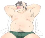  2023 anthro belly big_belly clothing domestic_pig eyes_closed hi_res inunoshippo kemono male mammal overweight overweight_male sitting solo suid suina sus_(pig) underwear 