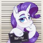  1girl barbie_(franchise) barbie_(live_action) barbie_mugshot_(meme) blue_eyes character_name highres horns looking_at_viewer meme mugshot my_little_pony my_little_pony:_friendship_is_magic purple_hair rarity single_horn skysorbett solo unicorn upper_body 