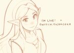  1girl breasts closed_mouth english_text genderswap genderswap_(mtf) greyscale hat heart link long_hair medium_breasts monochrome oxcoxa parted_bangs pointy_ears smile solo the_legend_of_zelda upper_body web_address 