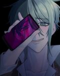  1boy amami_rantaro black_background brown_jacket collarbone covering_one_eye danganronpa_(series) danganronpa_v3:_killing_harmony earrings green_eyes green_hair grin hand_up highres holding holding_phone jacket jewelry long_sleeves male_focus messy_hair phone ru_nru_n_(kei05972312) shirt short_hair simple_background smile teeth white_shirt 