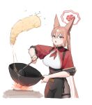  1girl absurdres animal_ears blue_archive blush breasts brown_hair chinese_clothes cooking crossed_bangs fire food fried_rice halo high-waist_skirt highres large_breasts long_hair looking_up neckerchief nonoa red_neckerchief rumi_(blue_archive) skirt solo twintails upper_body very_long_hair wok 