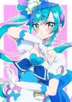  1girl absurdres back_bow blue_bow blue_hair bow brooch commentary cure_spicy delicious_party_precure dress earrings fuwa_kokone gloves green_eyes hair_bow hair_ornament heart heart_brooch highres huge_bow jewelry long_hair looking_at_viewer magical_girl medium_dress mikorin pam-pam_(precure) pink_background precure side_ponytail smile very_long_hair white_background white_gloves wide_ponytail 