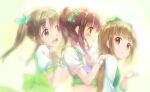  3girls blush bow brown_eyes brown_hair cropped_shirt dress green_dress hair_bow hand_on_another&#039;s_shoulder idolmaster idolmaster_cinderella_girls imai_kana kawaseki long_hair looking_at_viewer multiple_girls ogata_chieri open_mouth short_sleeves sidelocks sketch smile twintails upper_body yorita_yoshino 