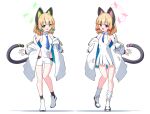  2girls 525_woiwo :d animal_ear_headphones animal_ears blonde_hair blue_archive blue_necktie bow breasts cat_ear_headphones commentary_request cosplay fake_animal_ears full_body green_bow green_halo hair_bow halo headphones highres jacket long_hair looking_at_viewer midori_(blue_archive) momoi_(blue_archive) multiple_girls necktie open_clothes open_jacket open_mouth pink_halo red_bow shoes short_hair siblings simple_background sisters small_breasts smile standing standing_on_one_leg tail twins white_background white_footwear white_jacket 