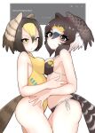  &gt;:( 2girls belly-to-belly bikini bird_girl bird_tail bird_wings black_hair blonde_hair breast_press breasts brown_eyes brown_hair closed_mouth cowboy_shot from_side frown hair_between_eyes head_wings highres illu_(illu_stratos) kemono_friends looking_at_viewer medium_breasts medium_hair multicolored_hair multiple_girls one-piece_swimsuit parted_bangs peregrine_falcon_(kemono_friends) peregrine_falcon_(kemono_friends)_(old_design) short_hair side-tie_bikini_bottom stomach swimsuit symmetrical_docking tail v-shaped_eyebrows white_hair wings yellow_eyes 