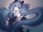  1girl absurdly_long_hair aqua_eyes aqua_hair aqua_nails aqua_necktie bare_shoulders black_skirt black_sleeves black_thighhighs blurry depth_of_field detached_sleeves expressionless feet_out_of_frame floating_hair grey_shirt hair_ornament hatsune_miku headphones highres long_hair looking_at_viewer nail_polish necktie nuko_0108 outstretched_arm shirt shoulder_tattoo signature skirt sleeveless sleeveless_shirt solo tattoo thighhighs twintails very_long_hair vignetting vocaloid zettai_ryouiki 