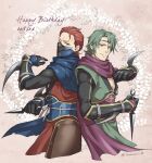  armor back-to-back brothers closed_mouth fire_emblem fire_emblem_fates green_hair holding holding_knife japanese_armor japanese_clothes kaze_(fire_emblem) knife looking_at_viewer ninja one_eye_closed red_eyes red_hair saizo_(fire_emblem) scar scar_across_eye siblings tamami_if 
