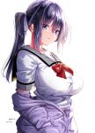 1girl breasts collarbone commentary_request dated grey_sailor_collar hair_between_eyes hair_ribbon hands_in_pockets highres large_breasts long_hair looking_at_viewer mokufuu original parted_lips ponytail purple_card purple_eyes purple_hair ribbon sailor_collar school_uniform shirt short_sleeves sidelocks signature simple_background solo taut_clothes taut_shirt upper_body white_background white_shirt 