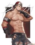  1boy abs absurdres backwards_hat bandaid bandaid_on_cheek bandaid_on_face bara baseball_cap belt beom_liben black_belt black_gloves black_hair black_pants character_name fingerless_gloves gloves hat highres large_pectorals male_focus muscular muscular_male navel nipples original pants pectorals scar scar_on_cheek scar_on_face short_hair solo topless_male zerg_(z79438659) 