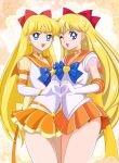  aino_minako back_bow bishoujo_senshi_sailor_moon bishoujo_senshi_sailor_moon_crystal blonde_hair blue_bow blue_bowtie blue_eyes bow bowtie choker collar dual_persona elbow_gloves gloves hair_bow heart heart_hands heart_hands_duo highres leotard long_hair orange_choker orange_collar orange_sailor_collar orange_skirt pirochi pleated_skirt red_bow sailor_collar sailor_senshi_uniform sailor_venus short_sleeves skirt super_sailor_venus super_sailor_venus_(stars) white_gloves white_leotard yellow_bow 