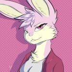  2023 absurd_res anthro artist_name bust_portrait cheek_tuft chest_tuft clothed clothing cutefckngbunny determined facial_tuft female fully_clothed fur head_tuft hi_res inner_ear_fluff lagomorph leporid long_ears mammal narrowed_eyes pattern_background pink_background pink_body pink_clothing pink_eyes pink_fur pink_topwear portrait rabbit riley_(scratch21) scratch21 simple_background smile solo tan_body tan_fur topwear tuft white_top 