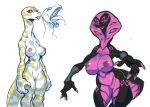  4_fingers 5_fingers anthro areola black_body breasts claws duo female fingers genitals green_eyes jijis-waifus lips looking_at_viewer markings multicolored_body nipples non-mammal_breasts nude open_mouth purple_body pussy red_eyes scalie simple_background standing tail teeth tongue tongue_out two_tone_body white_background white_body 