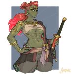  abs baggy_pants breasts colored_skin earrings fiery_hair ganondorf genderswap green_skin holding holding_sword holding_weapon jewelry katana long_hair muscular muscular_female necklace nose_piercing nose_ring pants piercing pointy_ears red_hair ring sarashi shardanic shaved_head sword the_legend_of_zelda the_legend_of_zelda:_tears_of_the_kingdom toned underboob weapon yellow_eyes 