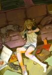  1girl bandaid bandaid_on_knee bandaid_on_leg blonde_hair closed_mouth commentary controller couch dog english_commentary floating_hair food foot_out_of_frame game_controller highres holding holding_controller holding_game_controller indoors kneehighs long_hair messy_room nenem_(kimnenemmm_art) original pizza pizza_box shirt short_sleeves shorts sitting socks solo white_shirt white_socks 