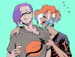  2boys bad_link drink fang highres holding holding_drink ikkan_(splatoon) inkling multiple_boys octoling piercing shirt shirt_tug splatoon_(series) t-shirt tentacle_hair tongue tongue_out tongue_piercing warabi_(splatoon) yousuke_(yosk) 