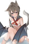  1girl absurdres animal_ear_fluff animal_ears armpit_crease awaki224 bangs bat_wings belt belt_bra blue_eyes blue_sailor_collar blush bottomless breasts brown_hair cleavage demon_girl demon_wings ear_piercing feet_out_of_frame highres knees_together_feet_apart leg_belt long_hair medium_breasts navel neckerchief original parted_lips piercing ponytail red_neckerchief sailor_collar school_uniform serafuku sidelocks simple_background sitting stomach tail thighs wet white_background white_belt wings 