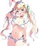  1girl :d animal_ears bikini black_choker blonde_hair blue_eyes blush breasts choker clenched_hand collarbone daisy flower frilled_bikini frills hair_flower hair_ornament hair_ribbon hairclip highres looking_at_viewer maid_headdress medium_breasts mikeou navel open_mouth original rabbit_ears ribbon sidelocks simple_background smile solo standing stomach sunflower_hair_ornament swimsuit teeth twintails upper_teeth_only v white_background white_bikini wrist_cuffs 