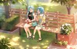  2girls aqua_hair bag bang_dream! bench between_legs birthday black_shirt blurry bokeh braid bush closed_eyes collarbone commentary depth_of_field english_commentary fence flower food fries_vanquisher grass green_eyes hair_ornament hairclip hand_between_legs handbag highres hikawa_hina hikawa_sayo holding holding_food holding_spoon jewelry long_hair looking_at_another michelle_(bang_dream!) multiple_girls necklace open_mouth orange_shirt orange_skirt overalls park park_bench plant pointing pointing_at_self potted_plant ribbed_shirt sandals shadow shaved_ice shirt short_hair siblings side_braid single_braid skirt sleeveless sleeveless_shirt spoon tree twins wooden_fence 