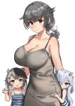  2girls aged_down alternate_costume black_hair braid breasts chestnut_mouth cleavage dress grey_dress hair_flaps hiding highres i-201_(kancolle) i-203_(kancolle) jingei_(kancolle) kantai_collection large_breasts long_hair low_ponytail multiple_girls osananajimi_neko peeking_out red_eyes simple_background single_braid spaghetti_strap striped_tank_top sundress tank_top waving white_background 