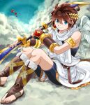  1boy ahoge angel angel_wings armlet bike_shorts blue_eyes blue_sky bow_(weapon) brown_hair cloud highres kid_icarus kid_icarus_uprising kinagi_(3307377) laurel_crown looking_at_viewer male_focus monoeye pit_(kid_icarus) sitting sky smile sun weapon wings 