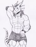  anthro balls_outline boxers_(clothing) bulge clothed clothing dragon ear_frill frill_(anatomy) genital_outline hi_res horn looking_at_viewer male muscular nameless00 penis_outline pose scalie smile smirk solo topless underwear 