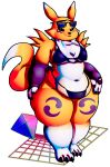  anthro bandai_namco belly belly_overhang belly_rolls big_belly bikini breasts chubby_cheeks clothed clothing curvaceous curvy_figure digimon digimon_(species) digital_media_(artwork) eyewear female fur hi_res looking_at_viewer love_handles navel nobody-64 obese overweight overweight_anthro overweight_female pudgy_belly renamon simple_background slightly_chubby solo sunglasses swimwear thick_thighs voluptuous white_body white_fur wide_hips yellow_body yellow_fur 