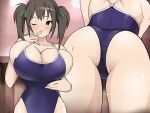 1girl ass black_eyes blue_one-piece_swimsuit blush breasts brown_hair commentary_request covered_nipples ewokakuman finger_in_own_mouth from_behind from_below green_ribbon hair_ribbon large_breasts multiple_views one-piece_swimsuit one_eye_closed original ribbon school_swimsuit skindentation sweat swimsuit thighs twintails undersized_clothes wardrobe_malfunction 
