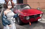  1girl alfa_romeo alfa_romeo_giulia animal_ears blue_jacket bow braid breasts brown_hair car chinese_commentary cleavage collarbone commentary crown_braid dress ear_bow fr-ee-dom highres horse_ears horse_girl jacket medium_breasts motor_vehicle multicolored_hair off_shoulder outdoors purple_bow purple_ribbon red_car ribbon short_hair smile solo special_week_(umamusume) streaked_hair umamusume vehicle_focus white_bow white_dress white_hair 