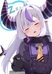  1girl ahoge ascot black_horns braid braided_bangs closed_eyes coat collar grey_hair highres hololive horns la+_darknesss la+_darknesss_(1st_costume) long_hair metal_collar multicolored_hair nicky0 open_mouth pointy_ears purple_coat purple_hair sleeping solo streaked_hair striped_horns virtual_youtuber yellow_ascot yellow_eyes zzz 