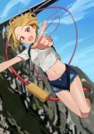  1girl :d blonde_hair blue_shorts blue_sky blurry blurry_background blush breasts bridge brown_eyes brown_footwear bungee_cord bungee_jumping cliff cloud crop_top day denim denim_shorts depth_of_field falling feet_up floating_hair from_below hair_strand harness highres index_finger_raised jumping light_blush looking_at_viewer midriff mountain navel open_mouth original outdoors outstretched_arms pointing pointing_at_viewer shirt shoes short_hair short_shorts short_sleeves shorts sky small_breasts smile solo some1else45 thighs torn_clothes torn_shorts white_shirt 